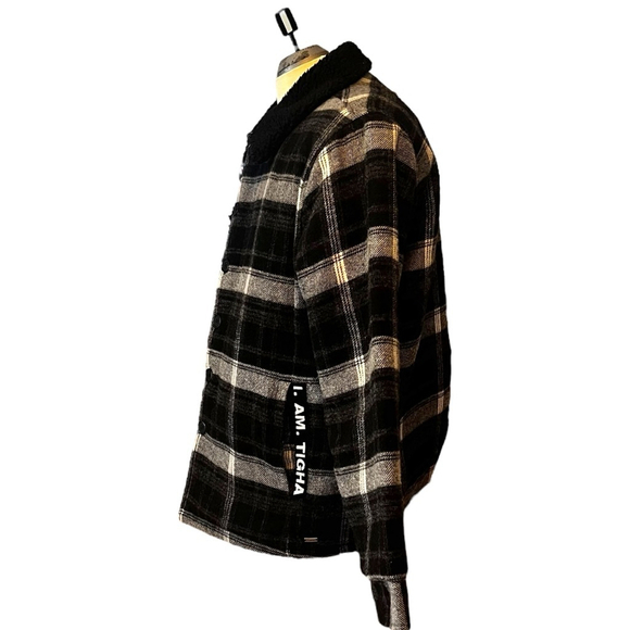 Tigha Men’s Plaid Wool Blend Jacket w/ Sherpa Collar, Black/Grey Check - Picture 9 of 16